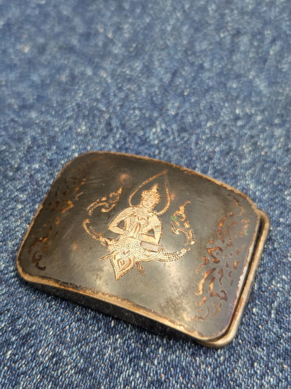 Antique Siam Sterling Silver Niello Thailand Buddha Belt Buckle 17g .925